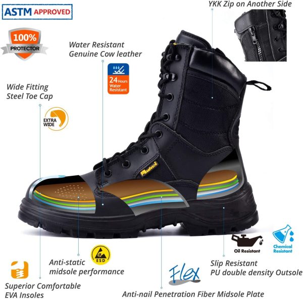 🔥 S3 Sicherheitsschuhe – S3 Arbeitsschuhe Herren & Damen Militär, H-9438 Sicherheitsschuhe ESD, Wasserdichtes & Atmungsaktiv Leder, Leichte & Bequeme Einlegesohle, S1P Stahlzehe & Stahlplatte, Seite mit Reißverschluss | – Bild 3