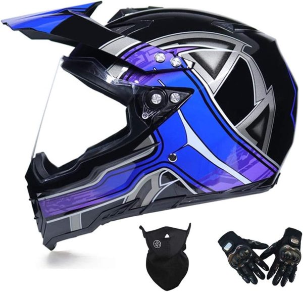 🔥 Schutzhelm mit Visier – MRDEAR Motocross Helm mit Visier, Motorrad Crosshelm/ Handschuhe/ Maske, Motorradhelm Schwarz Blau Off Road Helm Fullface MTB Schutzhelm für Herren Damen Sicherheit Schutz | MRDEAR