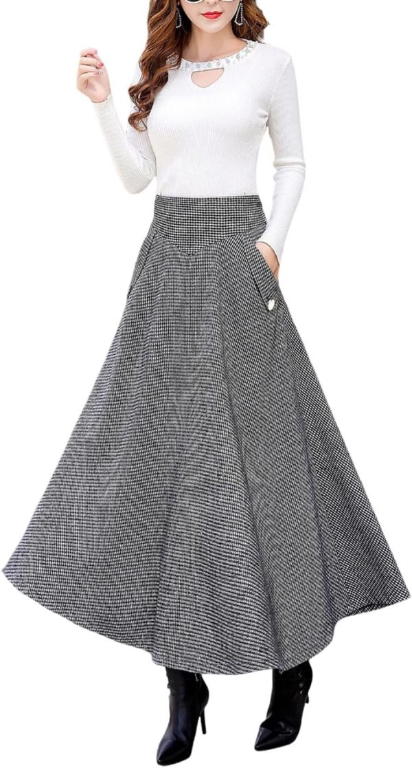 🔥 Winter-Arbeitskleidung – Damen Wolle Maxi Röcke Winter Hohe Taille Faltenrock Elegant Retro Gitter Rock Streetwear Party A-Linie Glockenrock |
