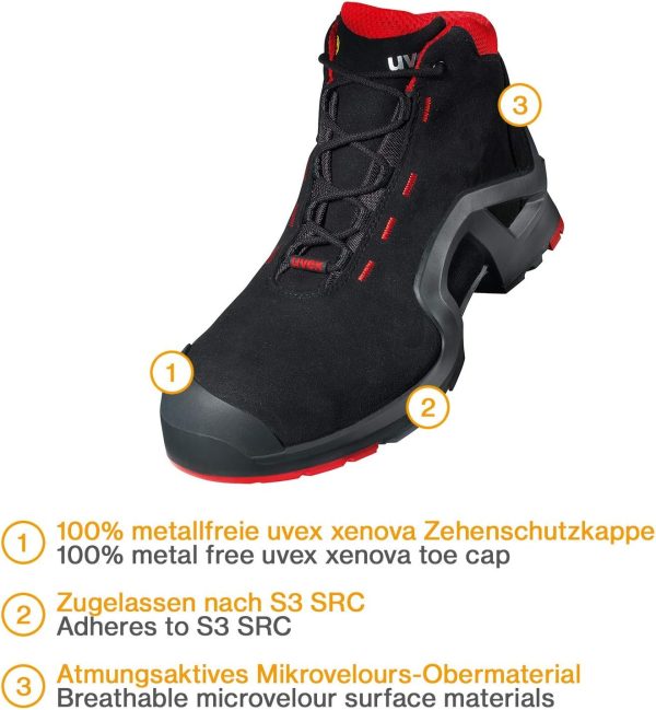 🔥 S3 Sicherheitsschuhe – Uvex 1 X-Tended Support Arbeitsstiefel - Sicherheitsstiefel S3 SRC ESD - Rot-Schwarz | – Bild 2